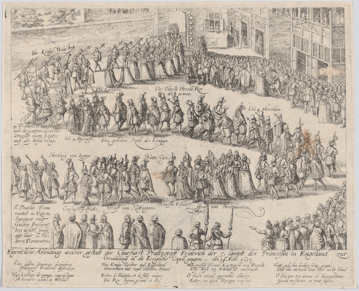Avioliittokulkue Elizabeth Stuartin, James I:n tyttären, ja..., 1613 tai sen jälkeen. tekijältä Possibly by Abraham Hogenberg.