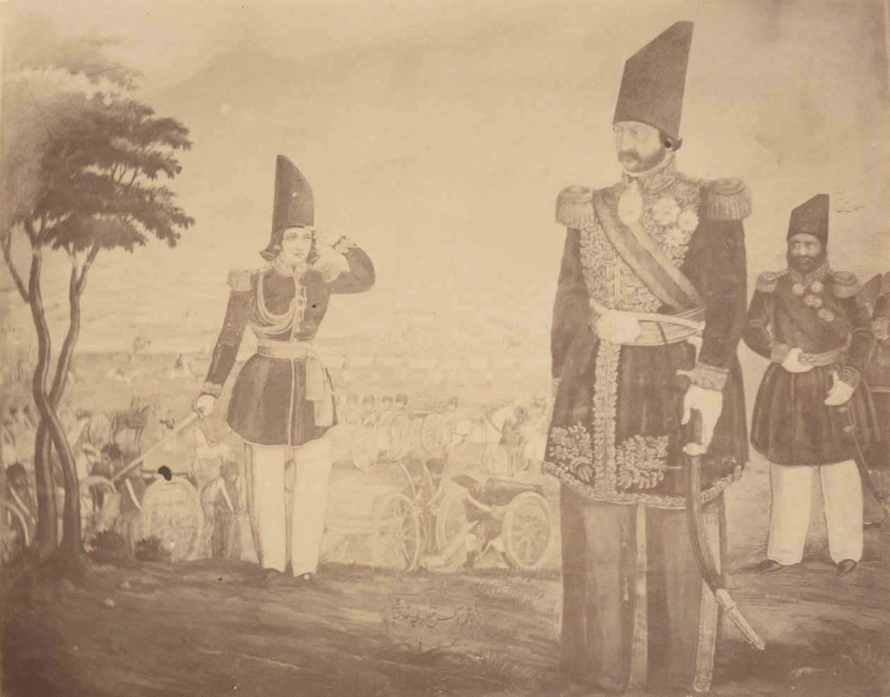 [Persialainen revüü maalauksessa, joka kuului aikoinaan kuninkaan sedä Ardeshir Mirzalle.], 1840-60-luvut. tekijältä Possibly by Luigi Pesce.