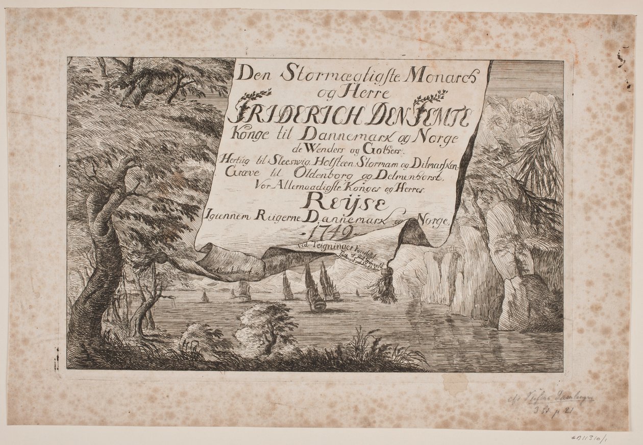 Nimisivu kuningas Frederik V:n matkalle Tanskan ja Norjan halki 1749 tekijältä Poul Isac Grønvold