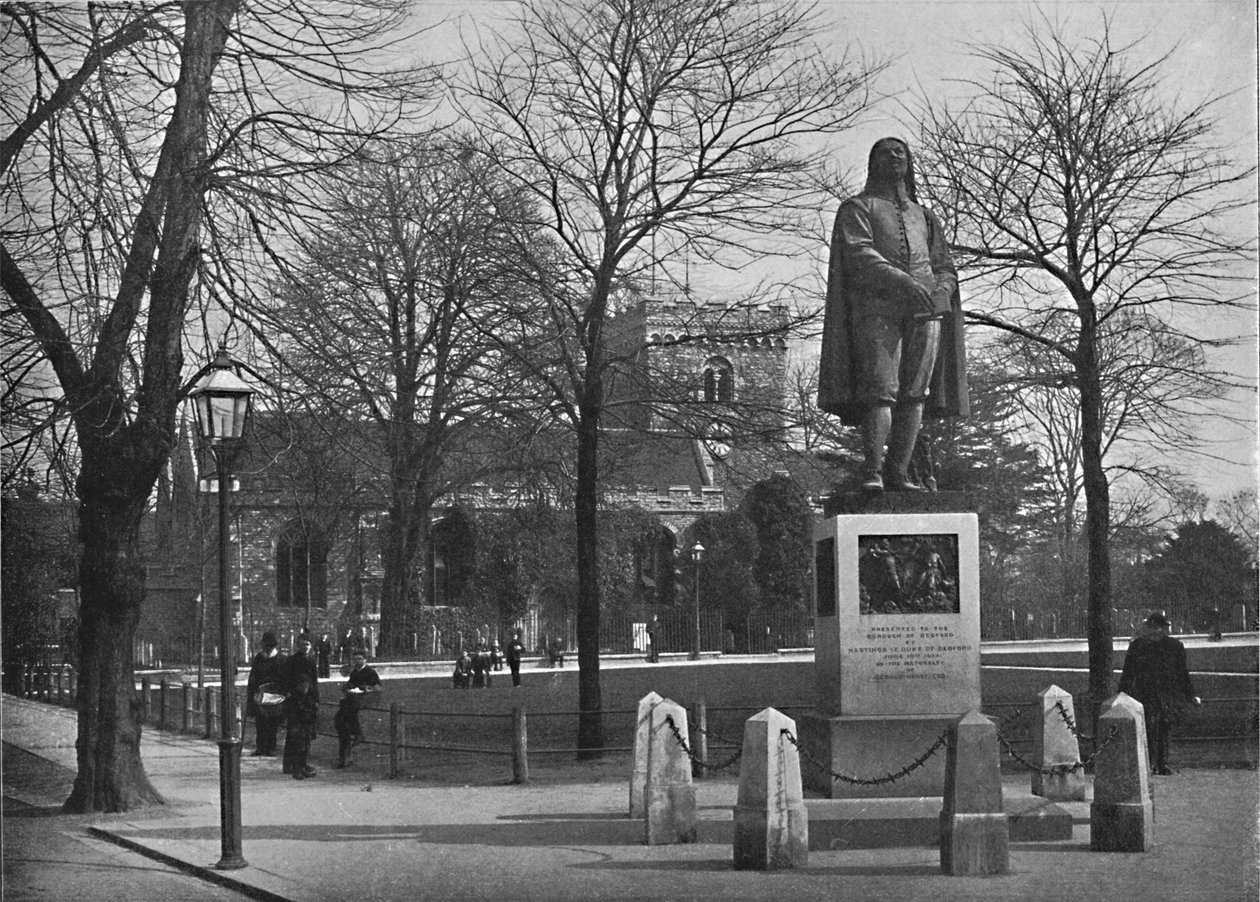 Bedford: St. Peters Church ja Bunyan-patsas, n. 1896 tekijältä Poulton and Co