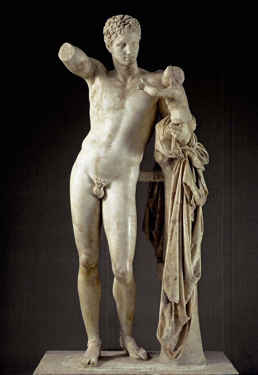 Kreikkalainen taide: Hermeksen ja Dionysoksen lapsi - Praxiteleen marmoriveistos (4. vuosisata eKr.) Heran temppelistä Olympiassa, 330 eKr., Dim. 213 cm - Olympia, arkeologinen museo - Hermes kantamassa Dionisusta - Marmoriveistos (K. 213 cm), kirjoittanut tekijältä Praxiteles