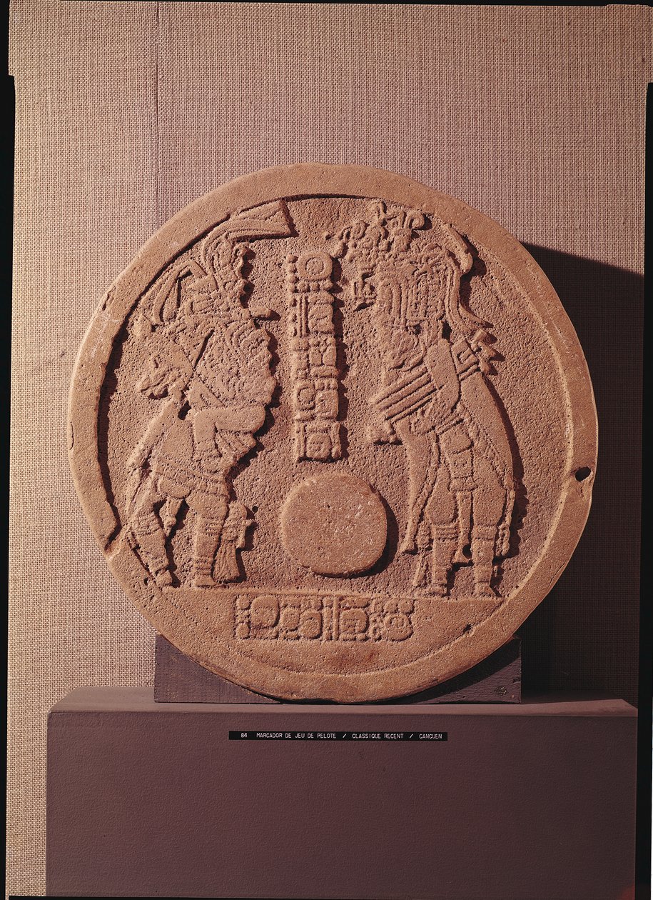 Pelote-merkki, joka kuvaa kahta pelaajaa, Mayaa, Guatemalassa, 600-950 tekijältä Pre Columbian