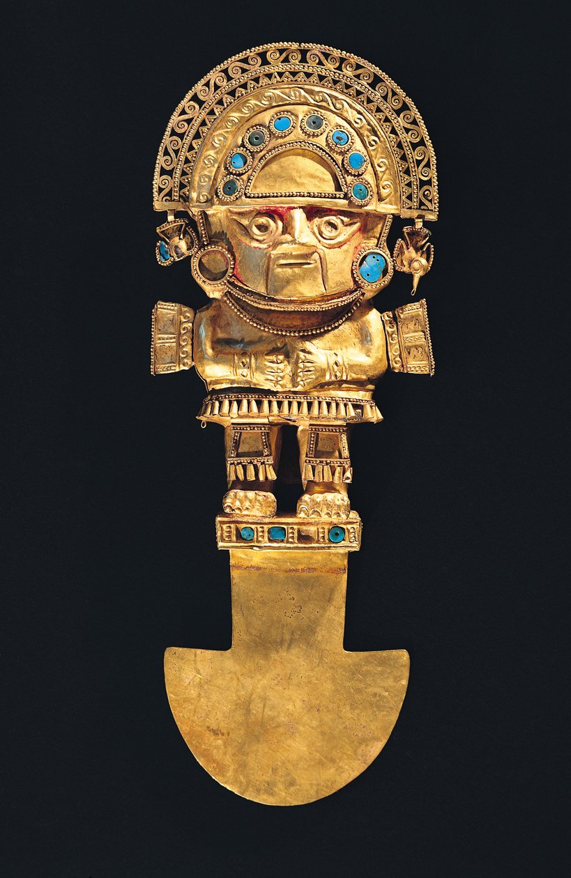 Tumi tai seremoniallinen veitsi Naylampin muotoinen, Chimu (kulta ja puolijalokivet) tekijältä Pre Columbian