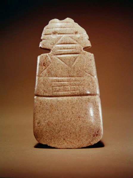 Antropomorfinen kirvesjumala, Guacimosta, Linea Viejan alueelta (keskivihreää pilkullinen jade) tekijältä Pre Columbian Pre Columbian