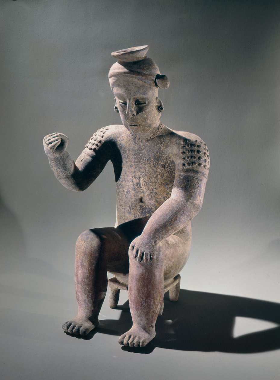 Effigy-purkki, jossa mies istuu pienellä jakkaralla, Colima-tyylinen (keramiikka) tekijältä Pre Columbian Pre Columbian