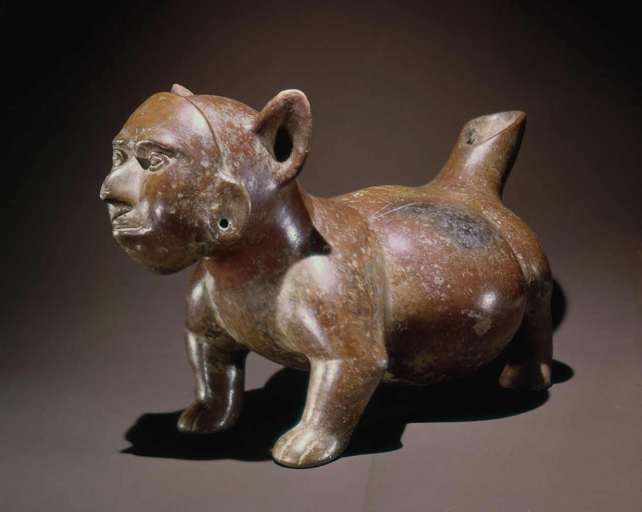 Effigy astia, joka esittää koiraa, jolla on naamio ihmisen kasvojen muodossa, Colima tyyli (keramiikka) tekijältä Pre Columbian Pre Columbian