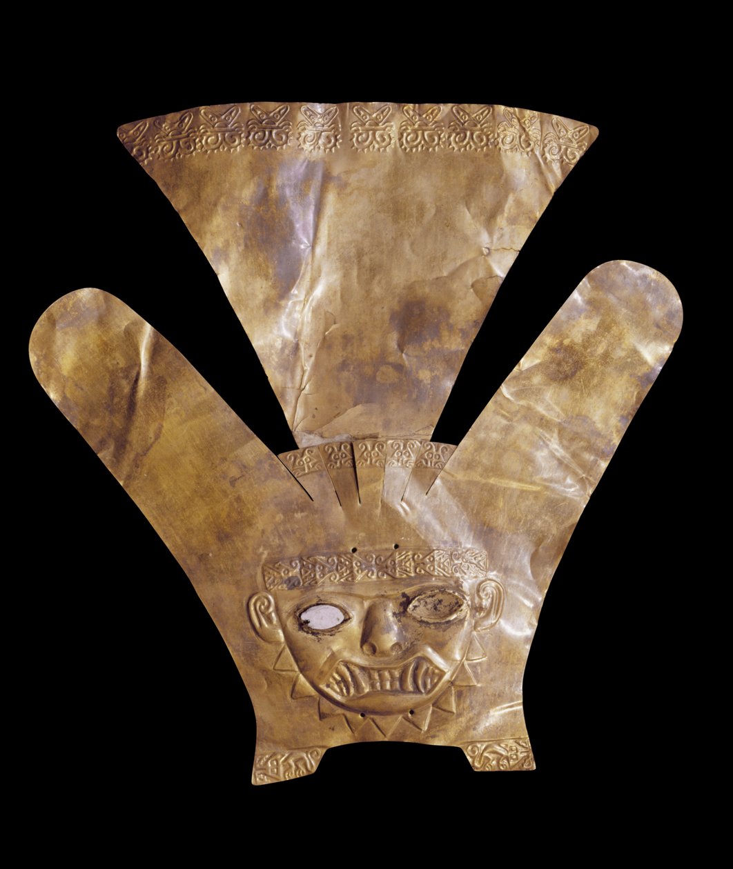 Pehmeää kissajumalautta edustava pääkoriste, Mochica-tyyli (kulta) tekijältä Pre Columbian Pre Columbian