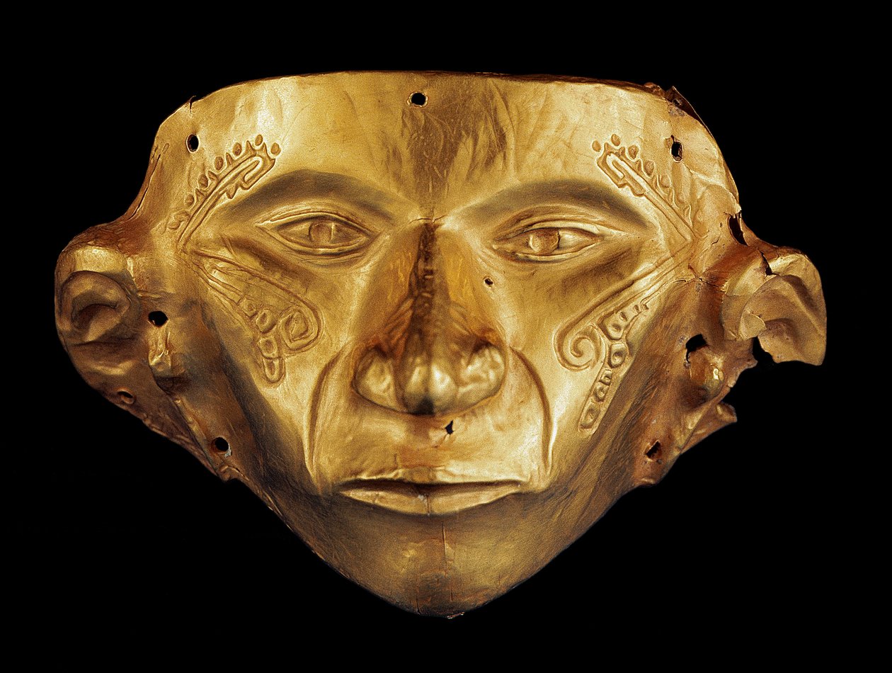 Esikolumbialainen naamio Tierradentron arkeologisesta puistosta, Alto de San Andresista Kolumbiassa (kulta) tekijältä Pre Columbian Pre Columbian