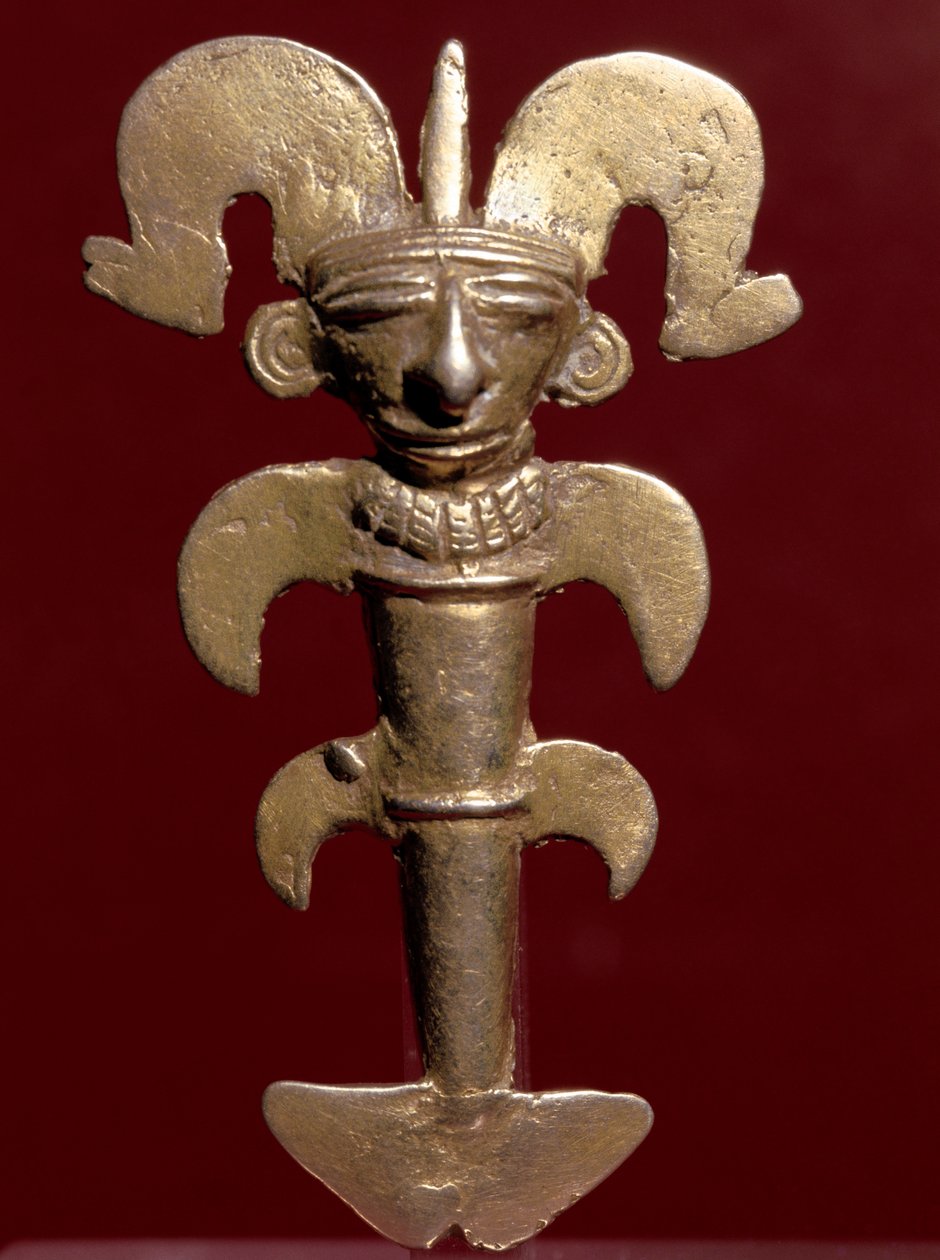 Esikolumbiaaninen taide, Quimbayan sivilisaatio (Kolumbia): antropomorfinen kultariipus. 400-1400 jKr. Bogota, Kultamuseo, Kolumbia tekijältä Pre Columbian Pre Columbian