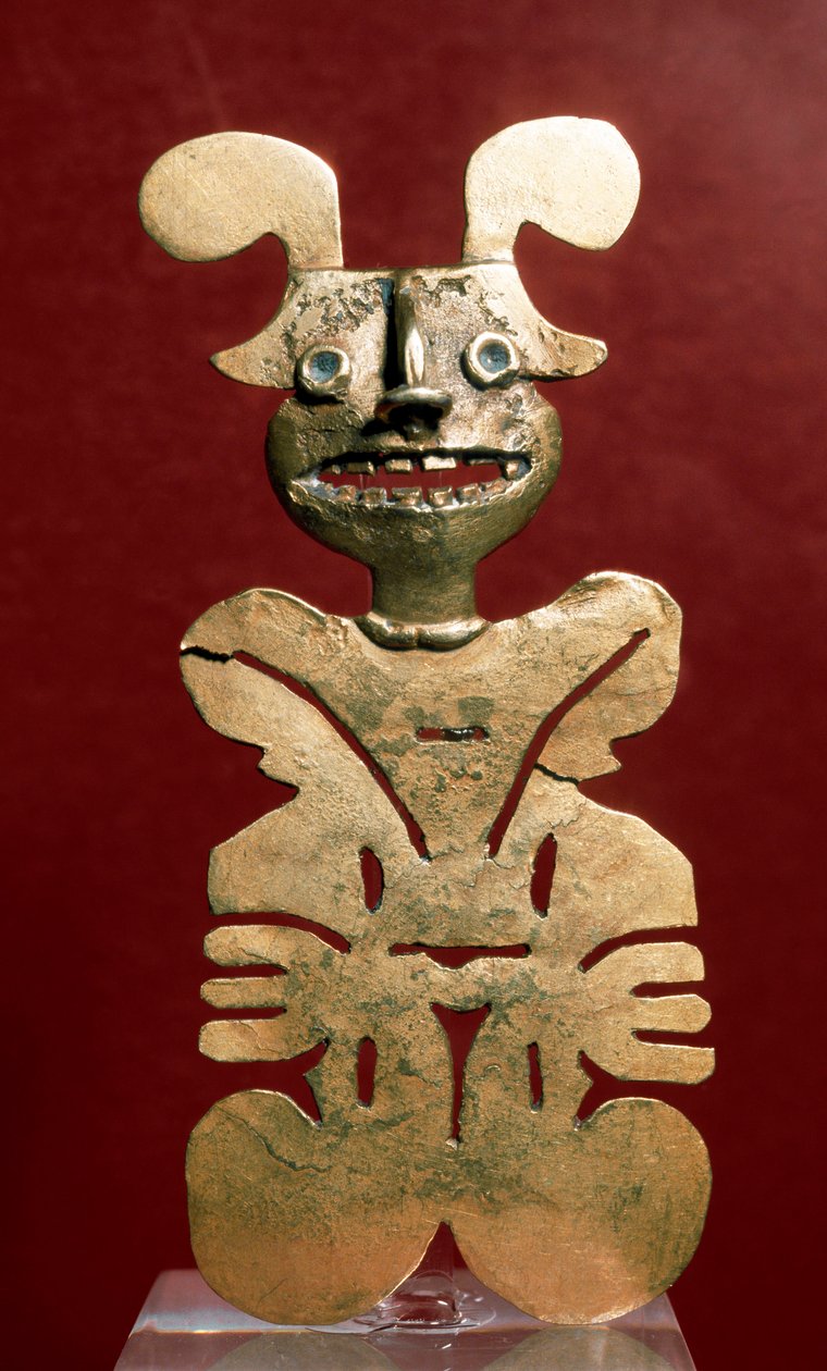 Esikolumbiaaninen taide, Quimbayan sivilisaatio (Kolumbia): antropomorfinen kultainen patsas. 400-1400 jKr. Bogota, Kultamuseo, Kolumbia tekijältä Pre Columbian Pre Columbian