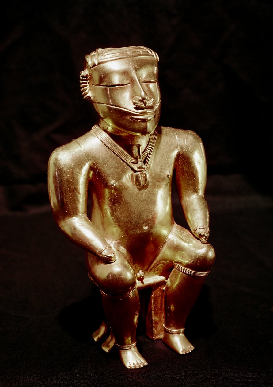 Esikolumbialainen taide, Quimbayan sivilisaatio (Kolumbia): kullassa istuvan miehen patsas, 400-1400 jKr - Bogotá, Museo de Oro, Kolumbia - Esikolumbialainen taide, Quimbayan sivilisaatio (Kolumbia), antropomorfinen hahmo: istuva mies - Kultainen veistos,  tekijältä Pre Columbian Pre Columbian