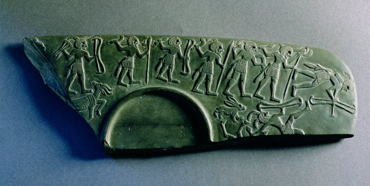 Fragmentti paletista, jossa on metsästyskohtaus, Abydosista, n. 3300-3100 eKr. (greywacke) tekijältä Predynastic Period Egyptian