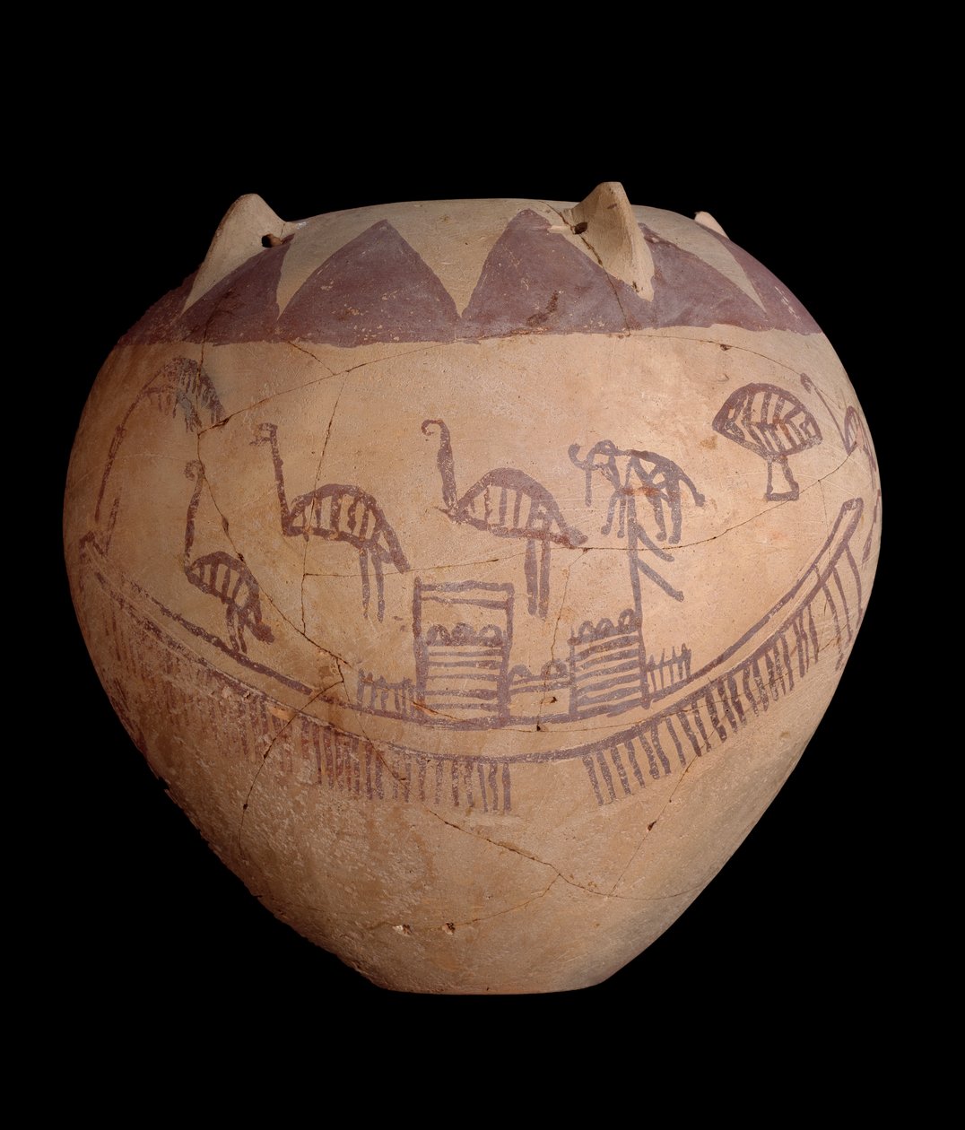 Poltettu savipurkki maalatulla koristeella, mukaan lukien veneet ja eläimet, n. 3400-3300 eKr. (savi) tekijältä Predynastic Period Egyptian