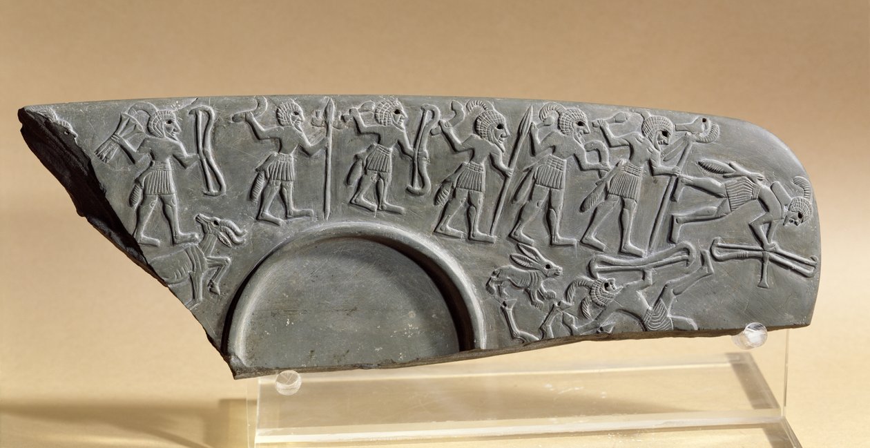 Fragmentti metsästäjien paletista, mahdollisesti Tell el-Amarnasta (liuske) tekijältä Predynastic Period Egyptian