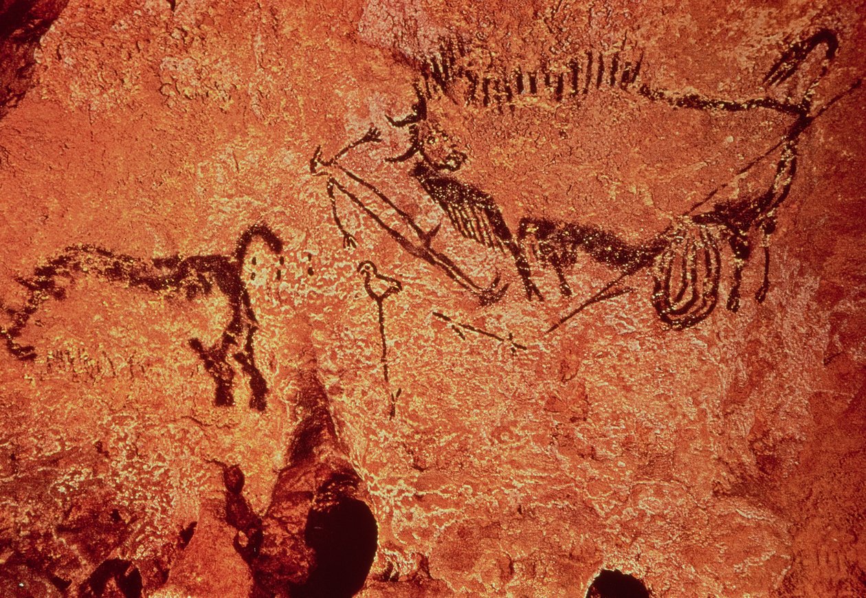Kalliomaalaus metsästyskohtauksesta, n. 17000 eKr. (luolamaalaus) tekijältä Prehistoric