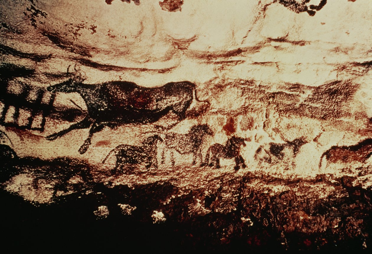 Kalliomaalaus hyppäävästä lehmästä ja pienten hevosten friisistä, n. 17000 eKr. (luolamaalaus) tekijältä Prehistoric