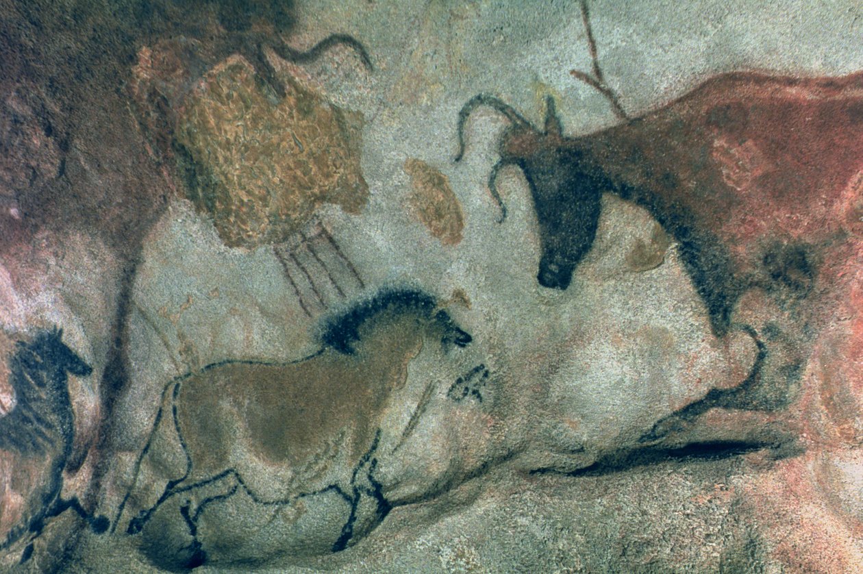 Kalliomaalaus, jossa on hevonen ja lehmä, noin 17000 eaa. (luolamaalaus). tekijältä Prehistoric