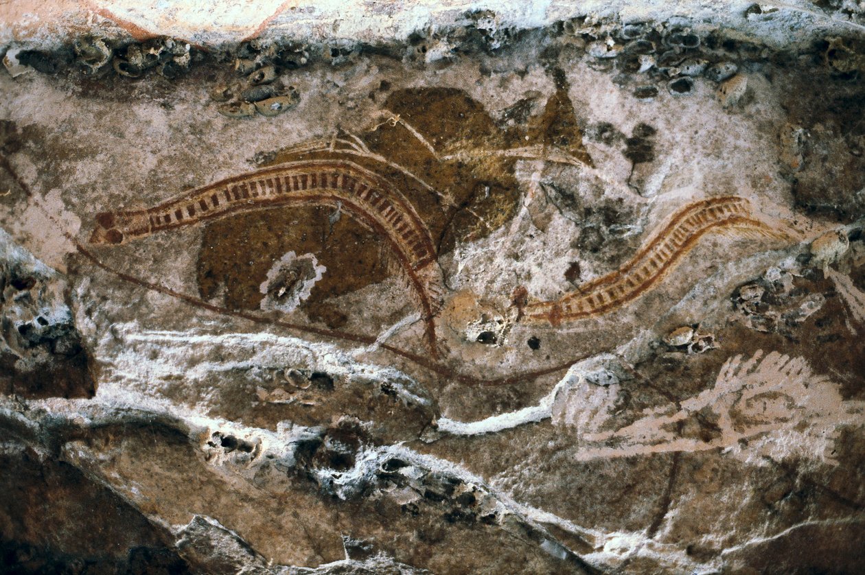 Aboriginaalit kalliomaalaukset, Ubirr-luolat, Kakadun kansallispuisto, Australia (maalaus) tekijältä Prehistoric Prehistoric