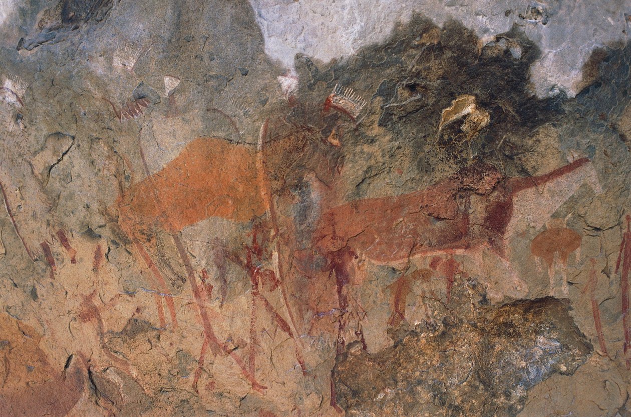 Ihmis- ja eläinhahmot, bushmen- tai san-luolamaalaukset, Maloti-Drakensbergin puisto (Unescon maailmanperintölista, 2000), Lesotho tekijältä Prehistoric Prehistoric