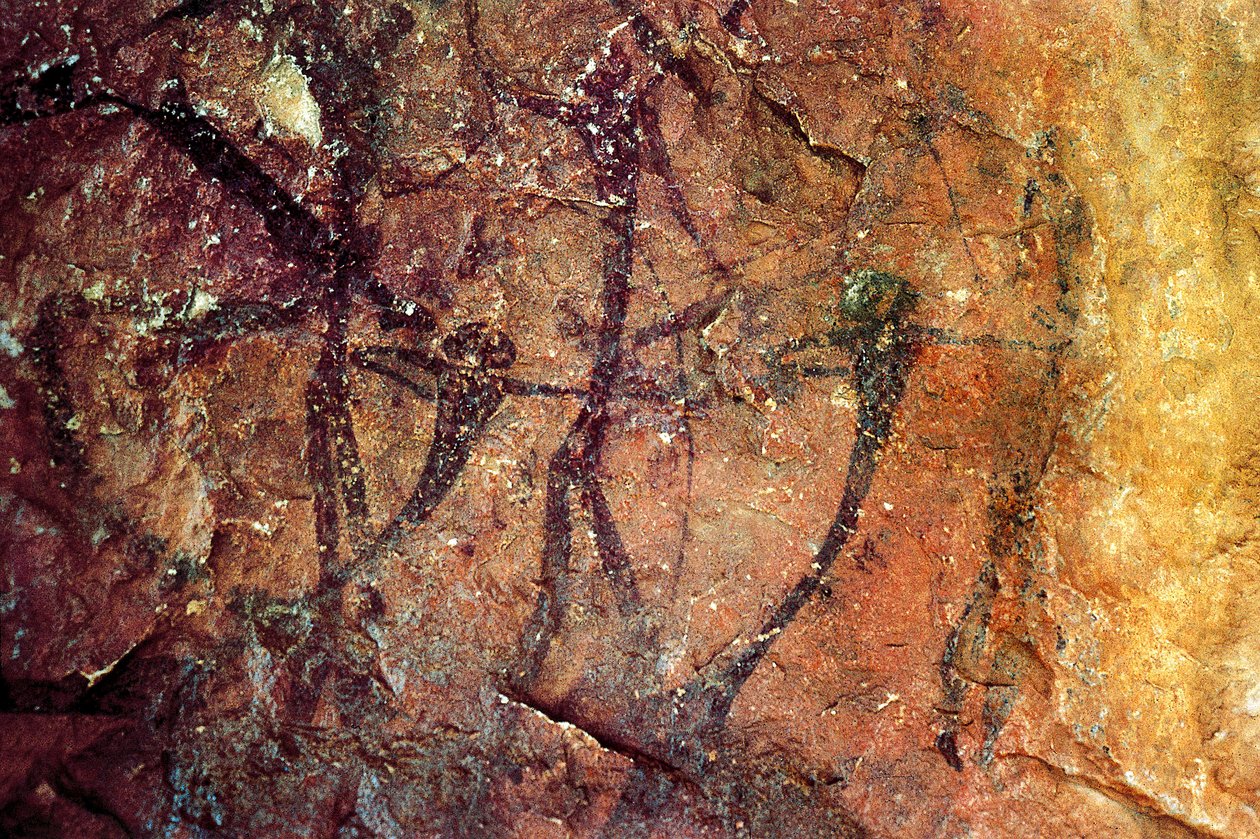 Ihmishahmot jousilla, Cueva del Civil, Tirig, Barranc de la Valltorta, Valencia, Espanja (maalaus) tekijältä Prehistoric Prehistoric