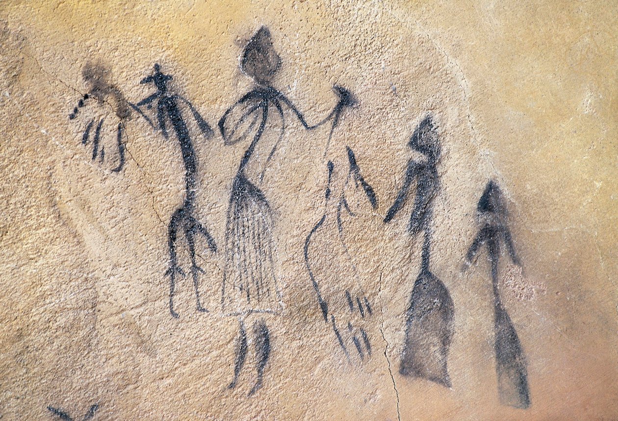 Tyylitelty-naturalistinen fallinen tanssi, mesoliittinen taide (seinämaalaus) tekijältä Prehistoric Prehistoric