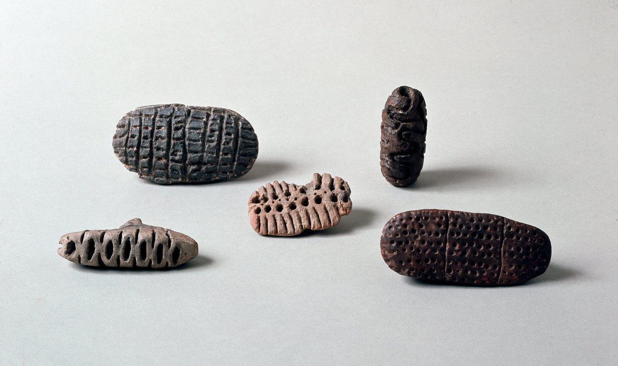 Esihistoria: erilaiset pintaderat (hylkeet) neoliittista terrakottaa Caverna Delle Arenesta Candiden (Liguria) alueelle. Pegli, Villa Pallavicini -museo tekijältä Prehistoric Prehistoric