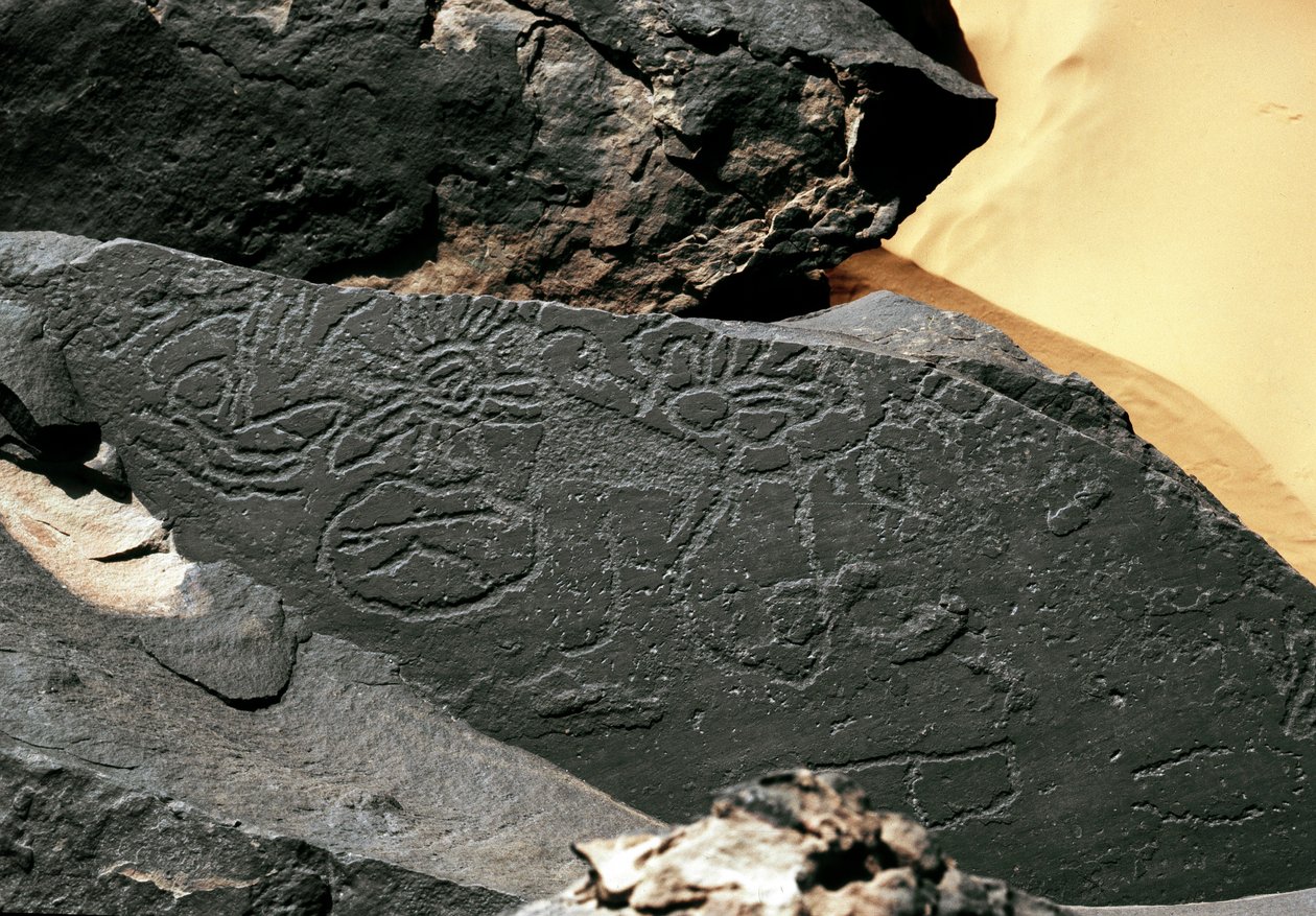 Esihistoria, kalliotaide: muotojen hautakivi Tazinan tyyliin. Kivikausi 5000-2000 eaa. Taghit, Haut plateau du Hoggar (Ahaggar), Algeria tekijältä Prehistoric Prehistoric