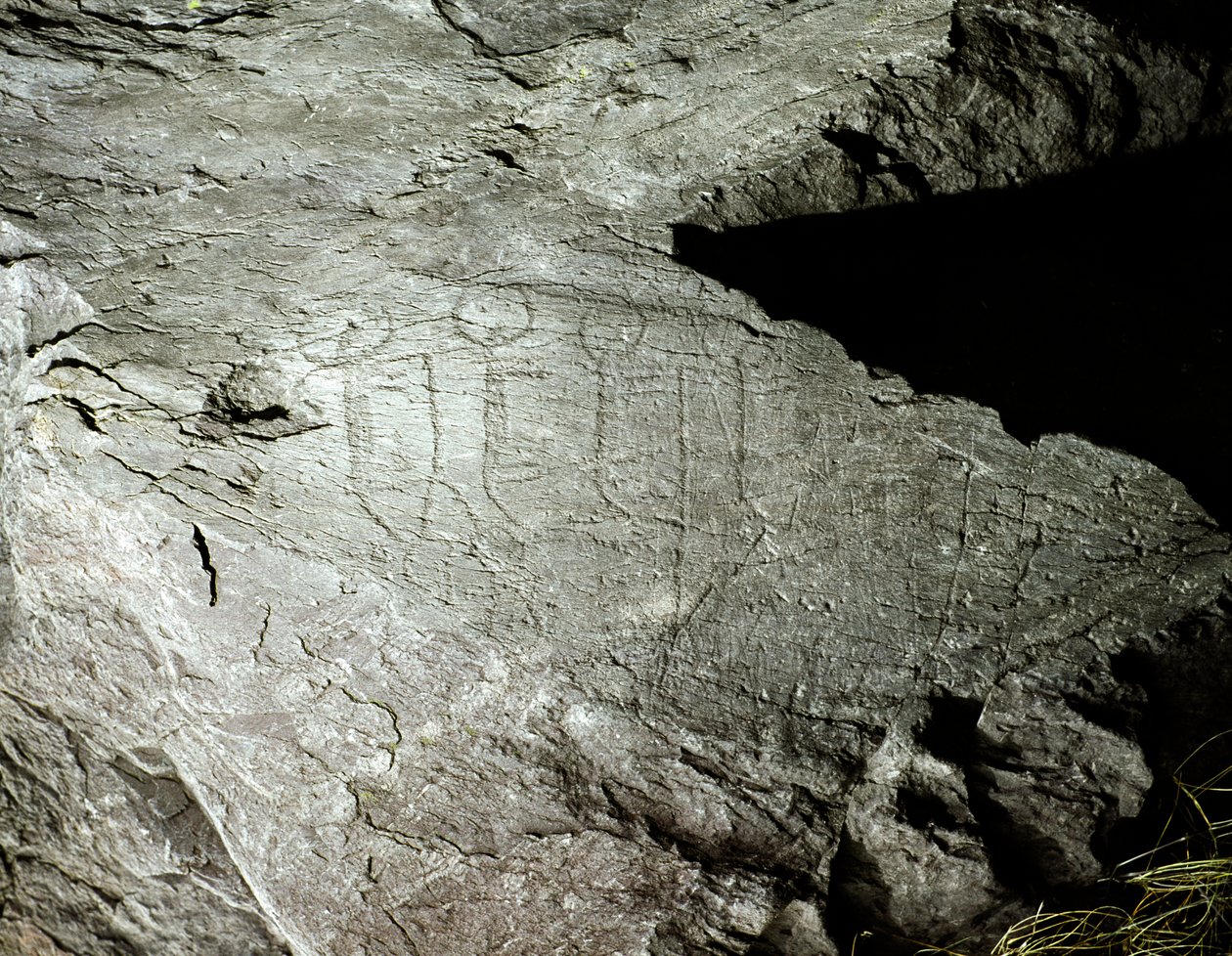 Esihistoriaa, kalliotaidetta: kahdesta kärryä vetävästä härkäparista on vakava kallio. Kuparin aikakausi. Eneoliittikausi (kalkoliitti). Roche n. 2. Cemmo (Brescia) Parco archeologico nazionale dei Massi di Cemmo, Italia tekijältä Prehistoric Prehistoric
