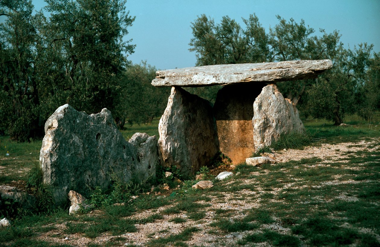 Esihistoria: näkymä Chiancan dolmenille ja sen sisäänkäyntikäytävälle. Kivikausi, neoliitti. 6-3 vuosisadalla eKr. Bisceglie, Puglia, Italia tekijältä Prehistoric Prehistoric