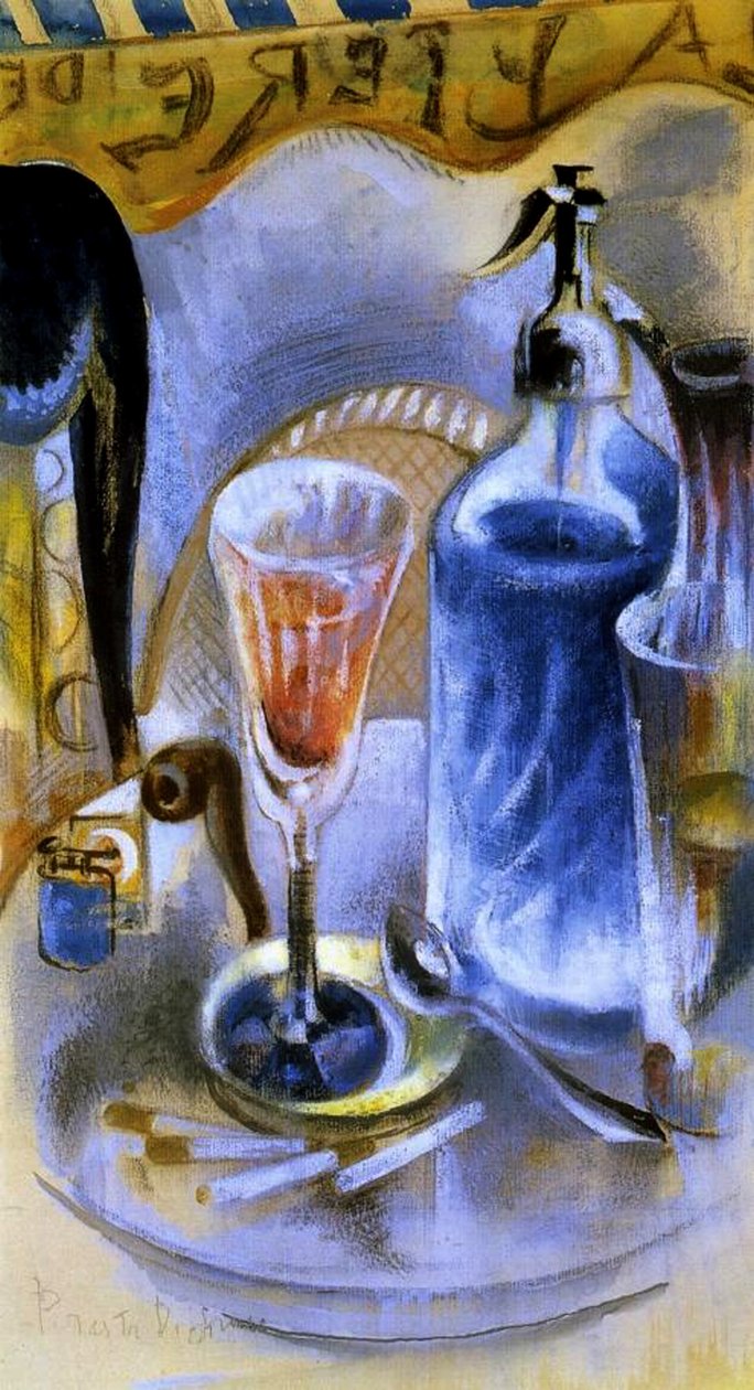 Asetelma sifonilla, n. 1930 (wc, guassi, pastelli ja hiili paperilla) tekijältä William Preston Dickinson