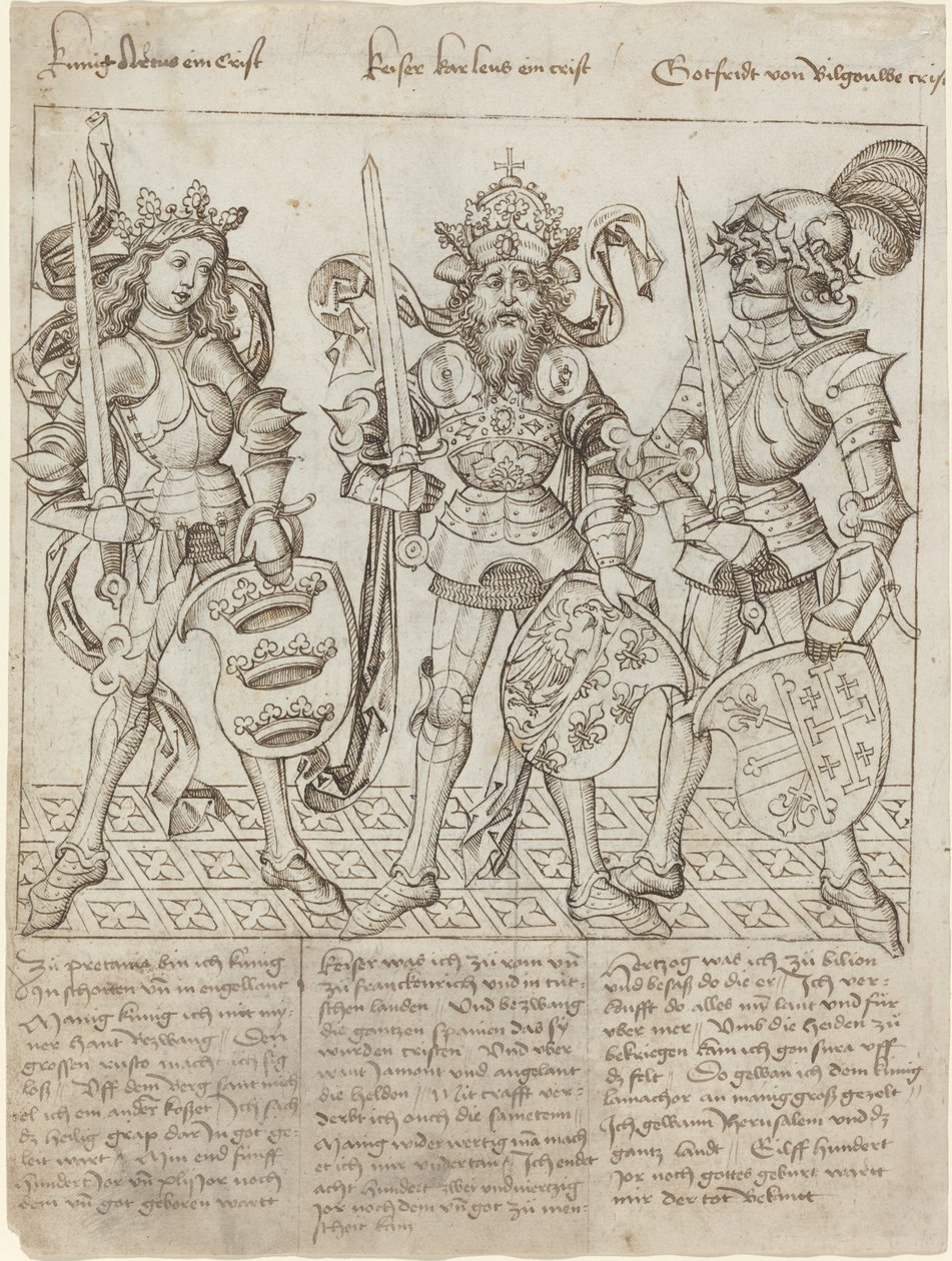 Kuningas Arthur, Kaarle Suuri ja Godfrey Boulognen tekijältä Primary Master of the Strassburg Chronicle