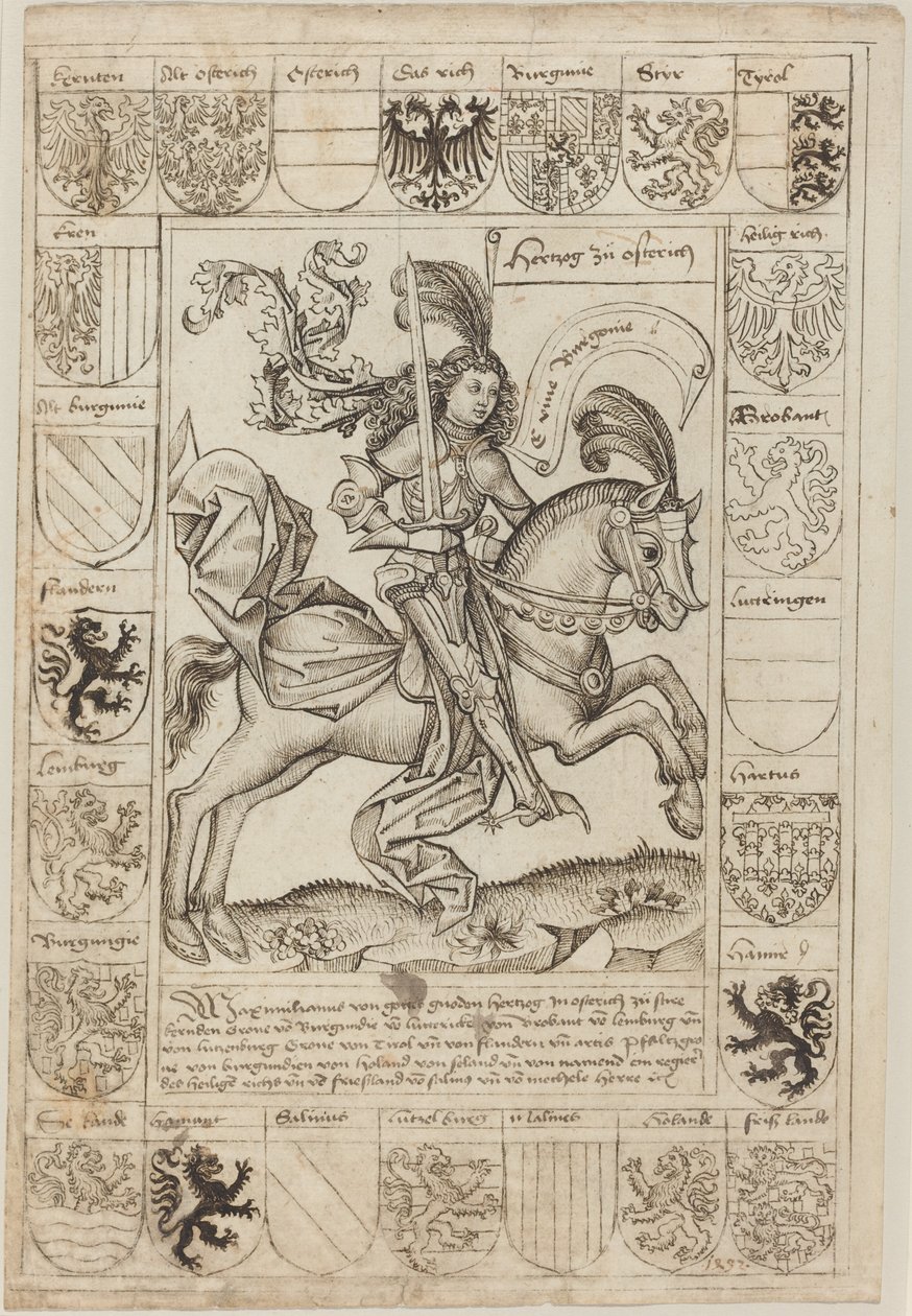 Maximilian, Itävallan herttua, hevosen selässä tekijältä Primary Master of the Strassburg Chronicle