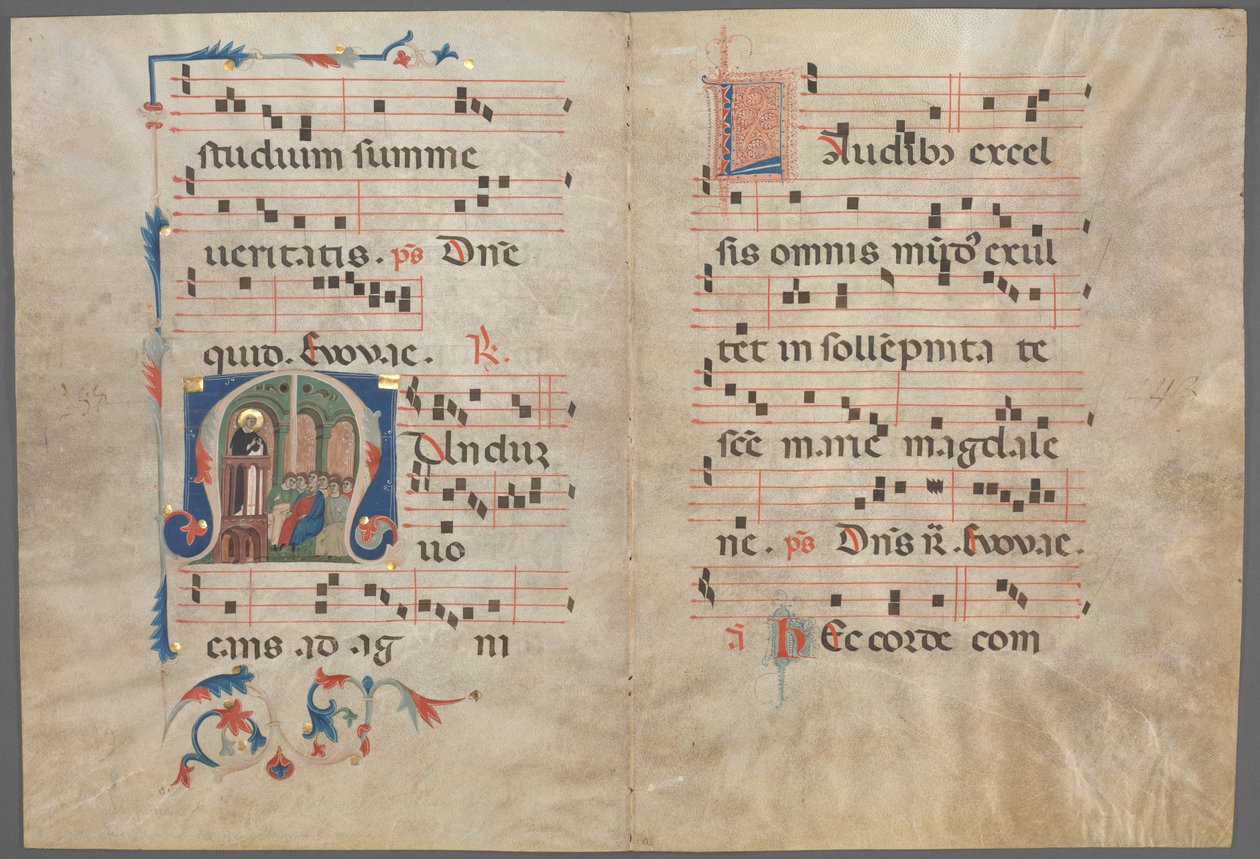 Bifolium antifonaarista: Alkuperäinen M, jossa Saint Dominic saarnaa, n. 1320-1340. tekijältä Primo Miniatore di San Domenico