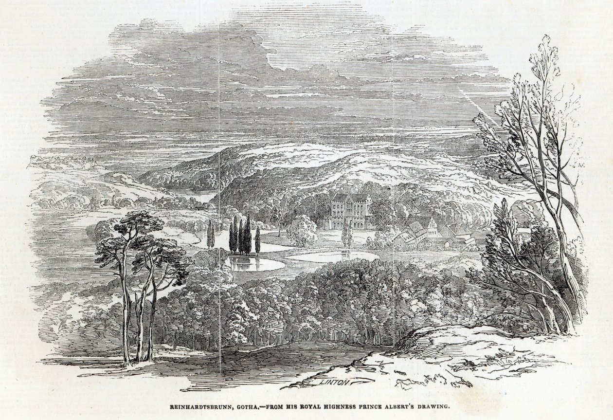 Reinhardtsbrunn, Gotha, kaiverrus W.J. Linton, "The Illustrated London News", 30. elokuuta 1845 tekijältä Prince Albert of Saxe Coburg and Gotha