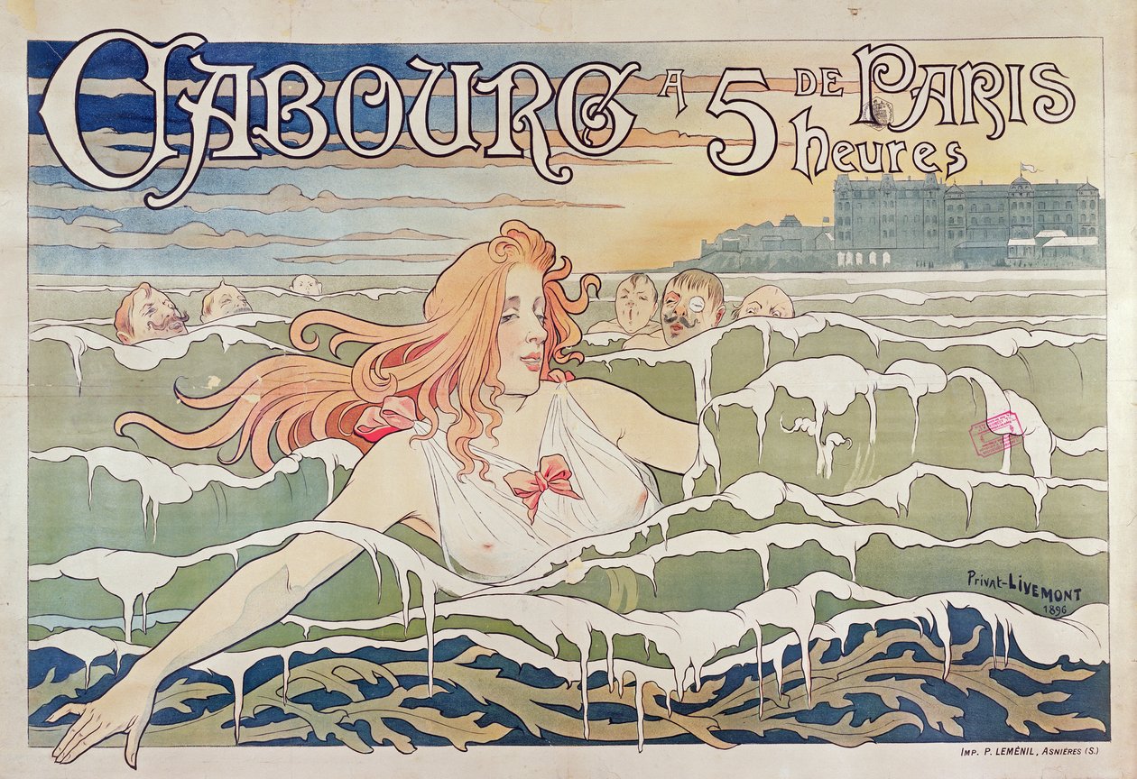 Ranskan rautateille tehty juliste, joka mainostaa Normandian rannikolla sijaitsevan Cabourgin saavuttamisen helpotusta Pariisista, 1896 tekijältä Privat Livemont