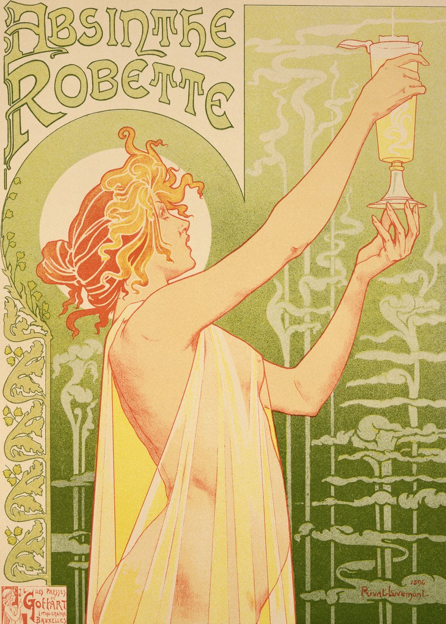 Jäljennös julisteesta, joka mainostaa "Robette Absinthea", 1896 tekijältä Privat Livemont