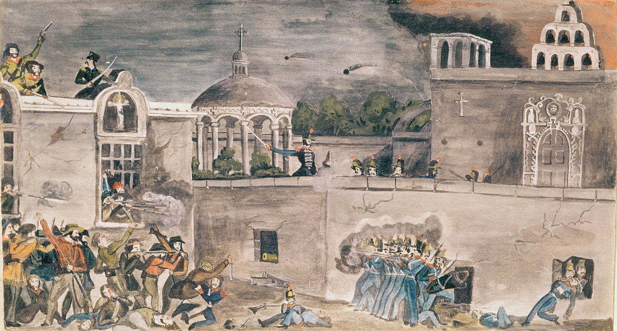Kenraali Doniphanin johtamat amerikkalaiset joukot hyökkäävät Monterreyn piispanpalatsiin, n. 1846 tekijältä Private Samuel Chamberlain