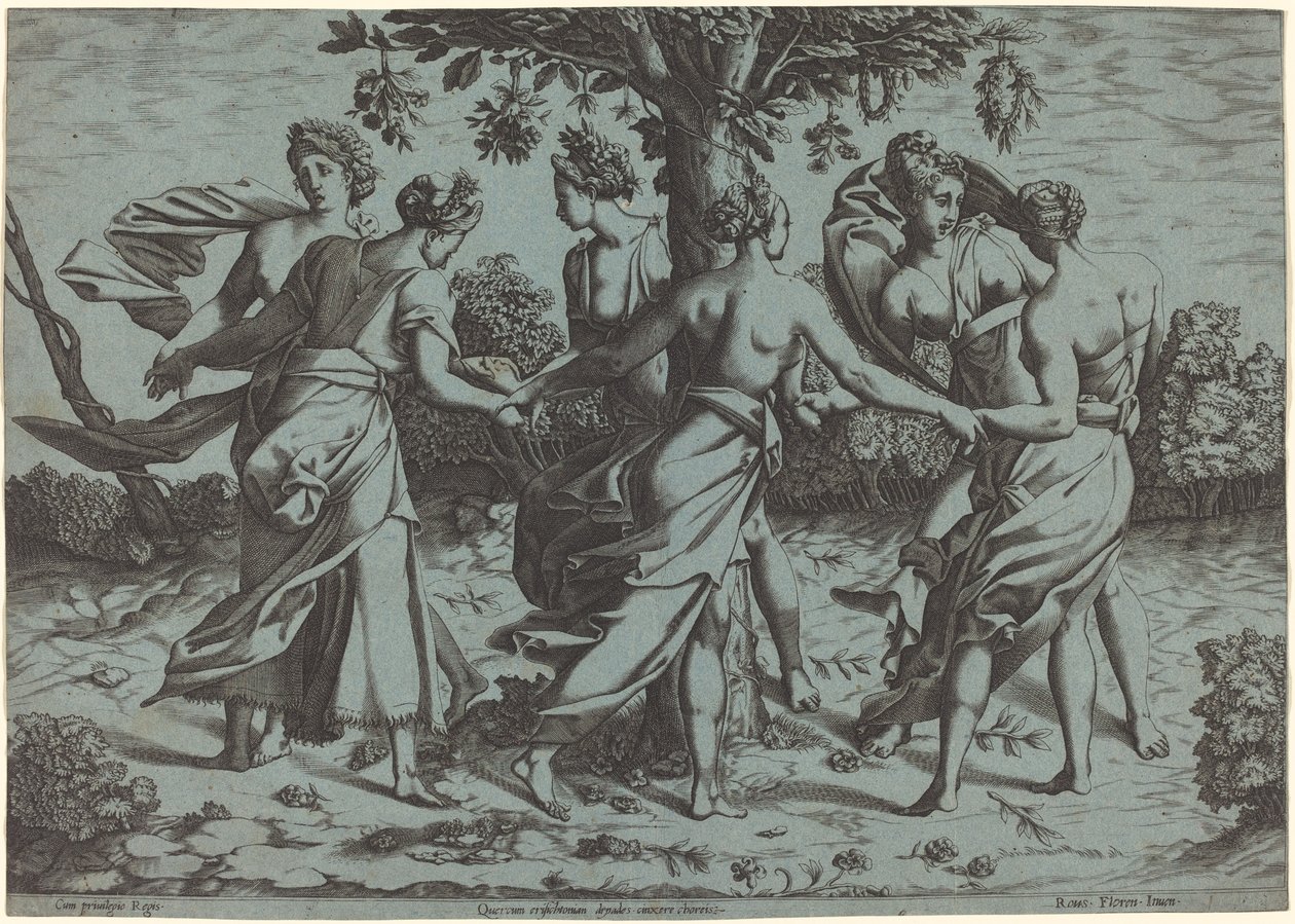 Dryadeen tanssi tekijältä Probably French 16th Century after Pierre Milan after Rosso Fiorentino
