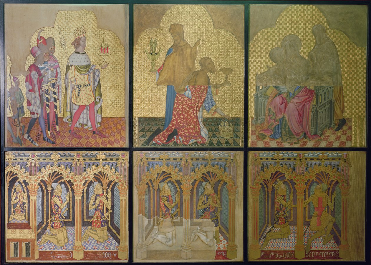 Alunperin Pyhän Tapanin kappelissa sijaitsevan seinämaalauksen rekonstruktio, jossa alarivillä L-R: Thomas Woodstock (1355-97), Edmund Langley, John of Gaunt (1340-99), Lionel (1338-68), Edward, Musta prinssi ( 1330-76) ja St. George tekijältä Professor Ernest Tristram
