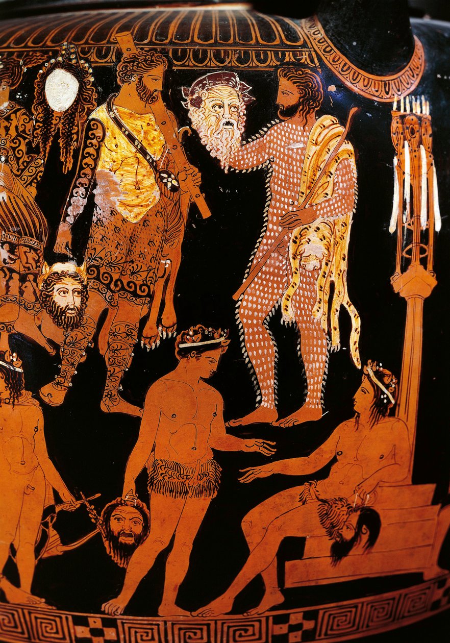 Pronomos-maljakko, kraatteri punaisilla hahmoilla. Yksityiskohta, joka kuvaa Herkules (Heracles), satyyrillisen draaman preparatiiveja Dionysoksen ja Arianen läsnäollessa, hahmot pitävät teatterinaamioita. 400 eaa. Napoli, Museo Archeologico Nazionale tekijältä Promonos Painter