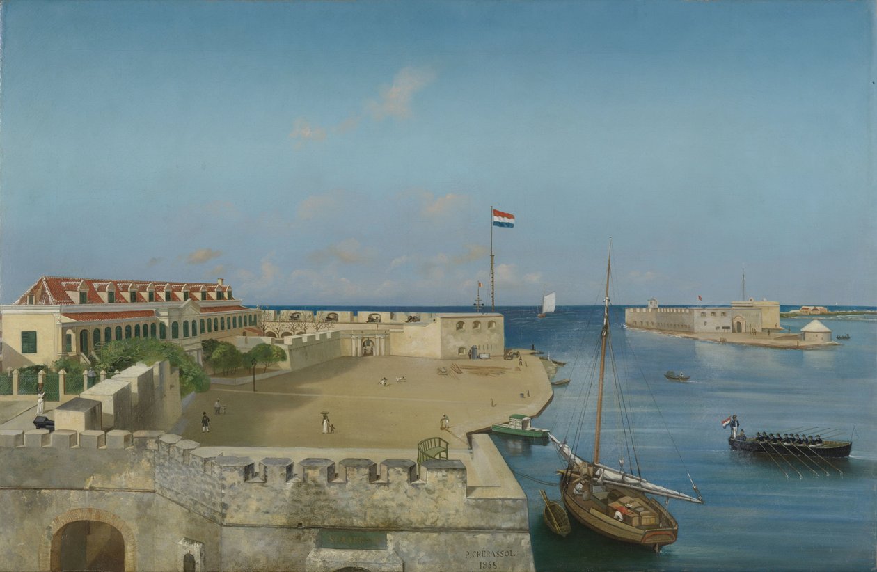 Willemstadin satamasisäänkäynti ja hallituksen palatsi tekijältä Prosper Crébassol (signed by artist)