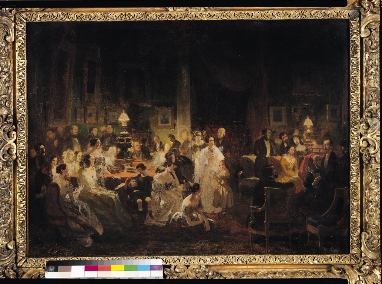 Emile Jean Horace Vernet (1789-1863) keskustelee daguerrotypian keksimisestä monsieur Irissonin salongissa tekijältä Prosper Lafaye or Lafait