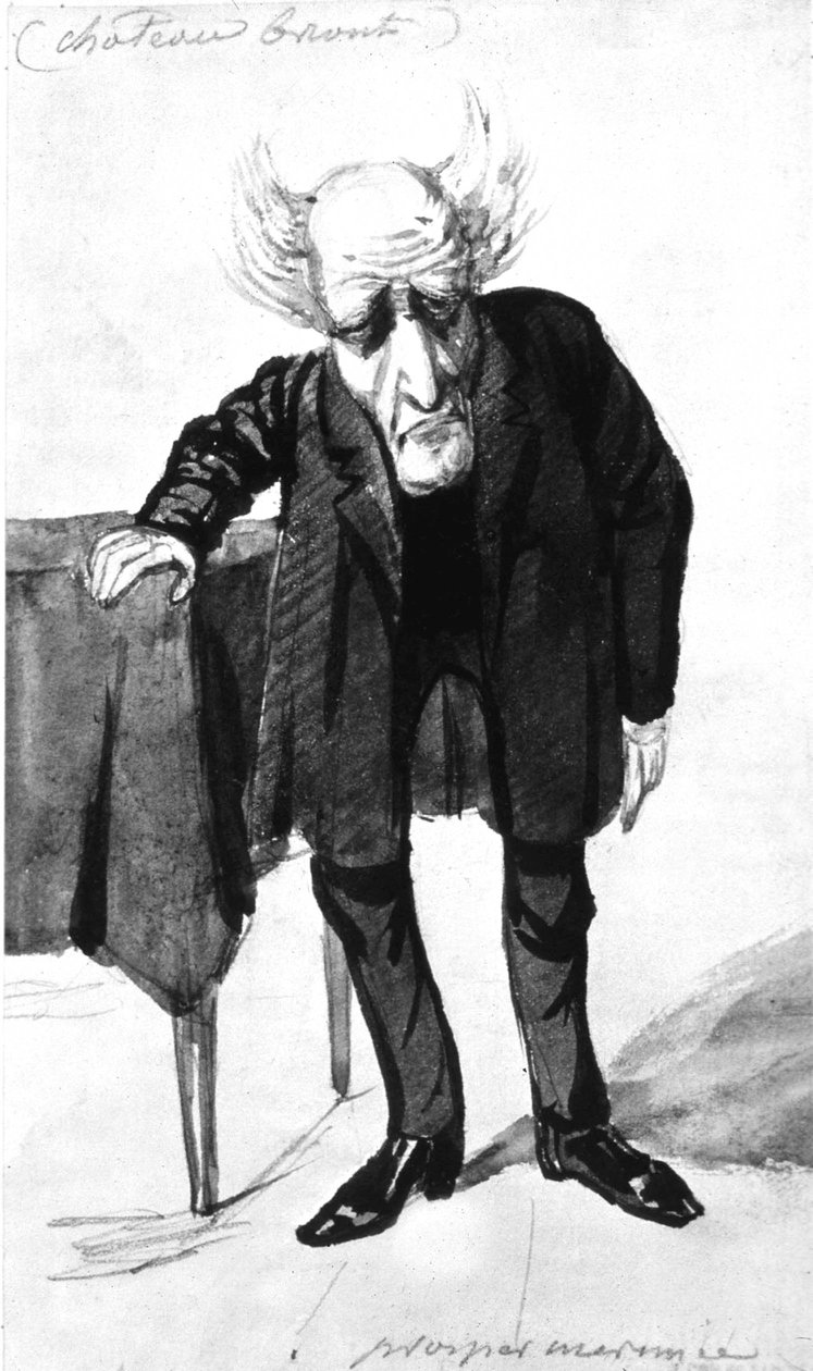 Francois Rene Ranskalainen kirjailija, Chateaubriandin varakreivi (1768-1848) Ranskalainen kirjailija, sarjakuva Prosper Merimee (kaiverrus) tekijältä Prosper Merimee