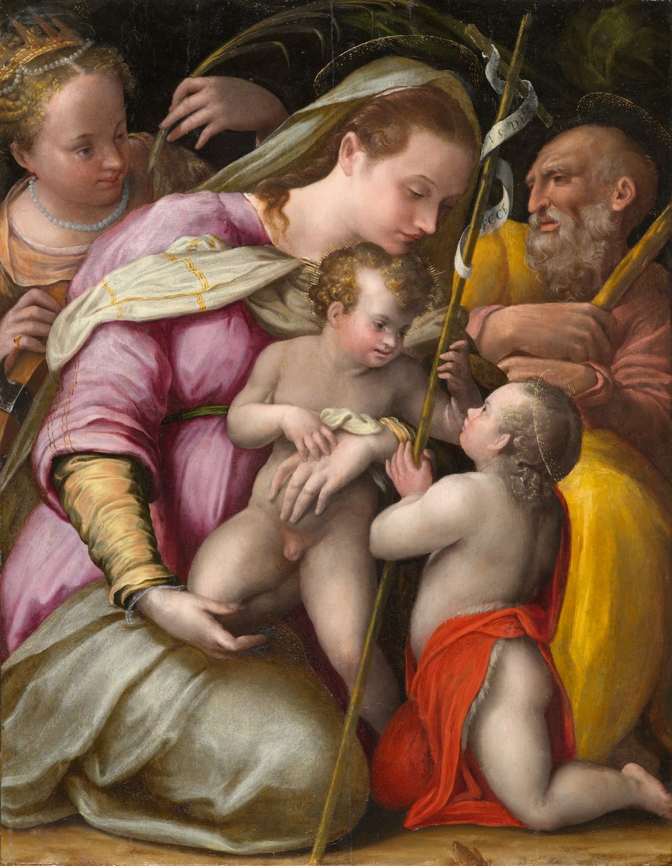 Pyhä perhe Pyhän Katariina Aleksandrialaisen ja pikkulapsen Pyhän Johannes Kastajan kanssa, noin 1551-1556 (öljy poppelilevylle) tekijältä Prospero Fontana