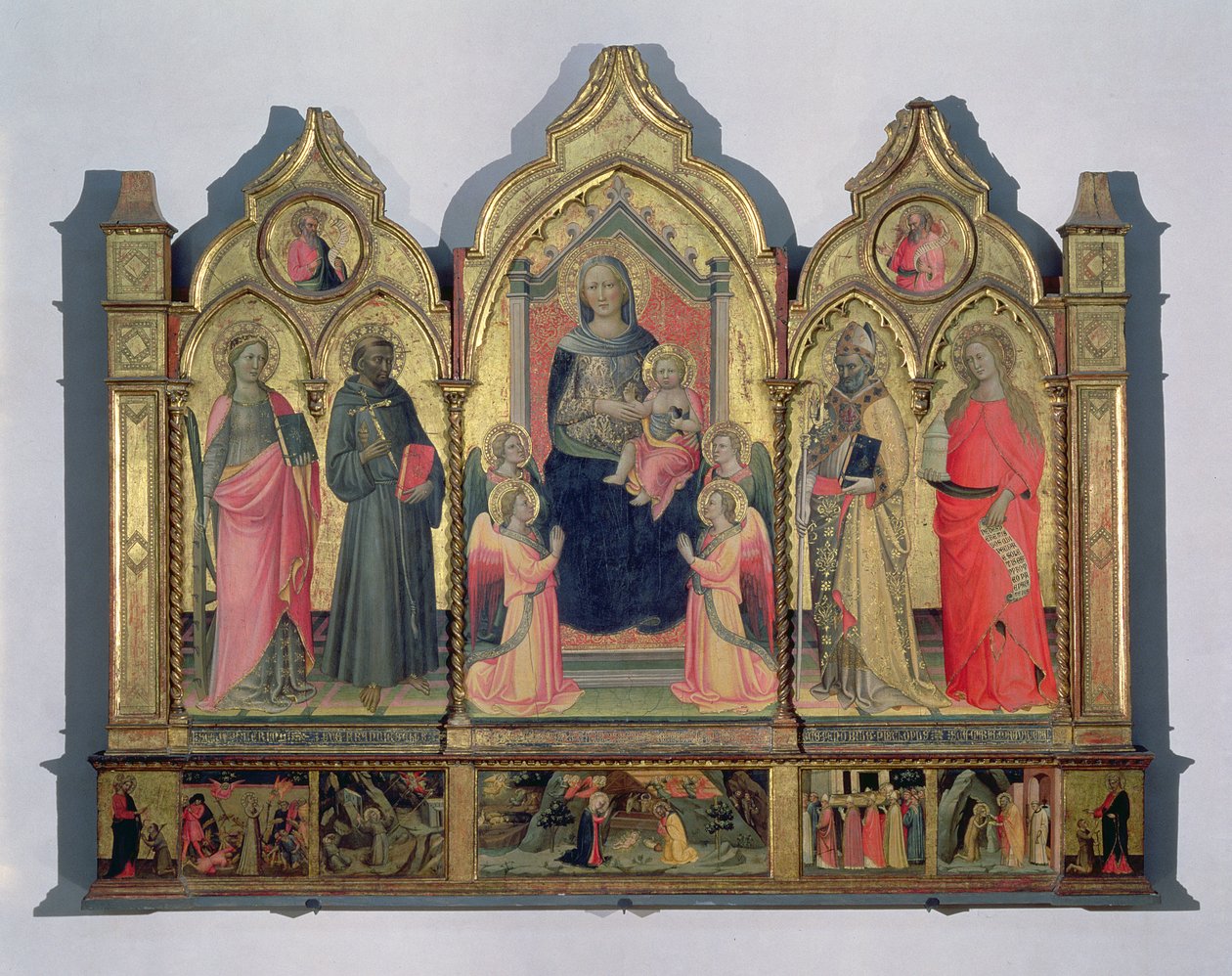 Madonna ja lapsi valtaistuimella pyhän Katariinan, pyhän drancisin, pyhän Zenobiuksen ja pyhän Maria Magdaleenan kanssa (tempera dn paneeli). tekijältä Pseudo Ambrogio di Baldese