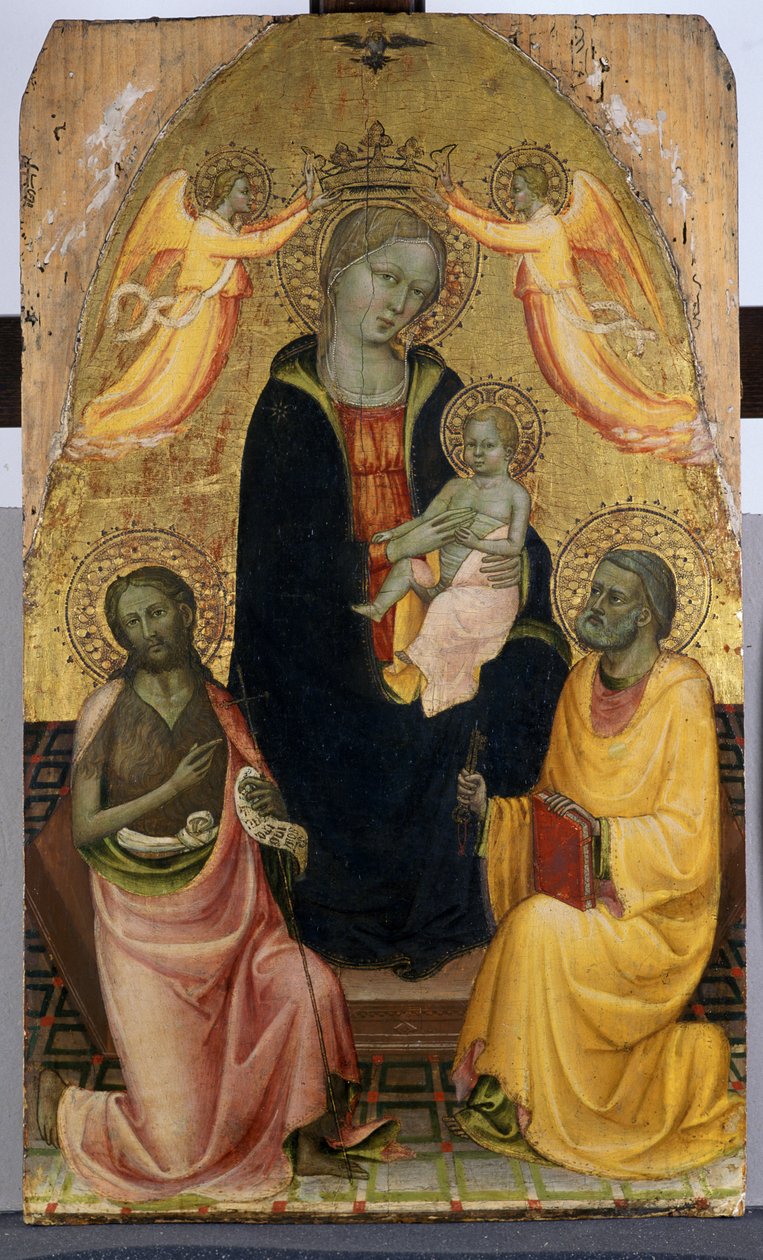 Kaksi enkeliä, Johannes Kastaja ja apostoli Pietari, kruunasivat valtaistuimelle noussut Madonna ja lapsi, n. 1410-20 (tempera poppelipuulla) tekijältä Pseudo Baldese Pseudo Baldese