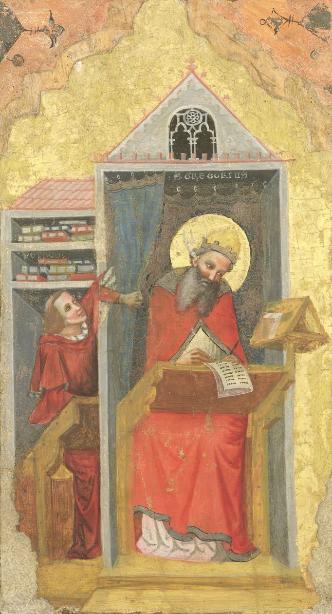 Pyhä Gregorius Suuri (540-604) tutkimuksessaan (tempera paneelissa) tekijältä Pseudo Jacopino di Francesco
