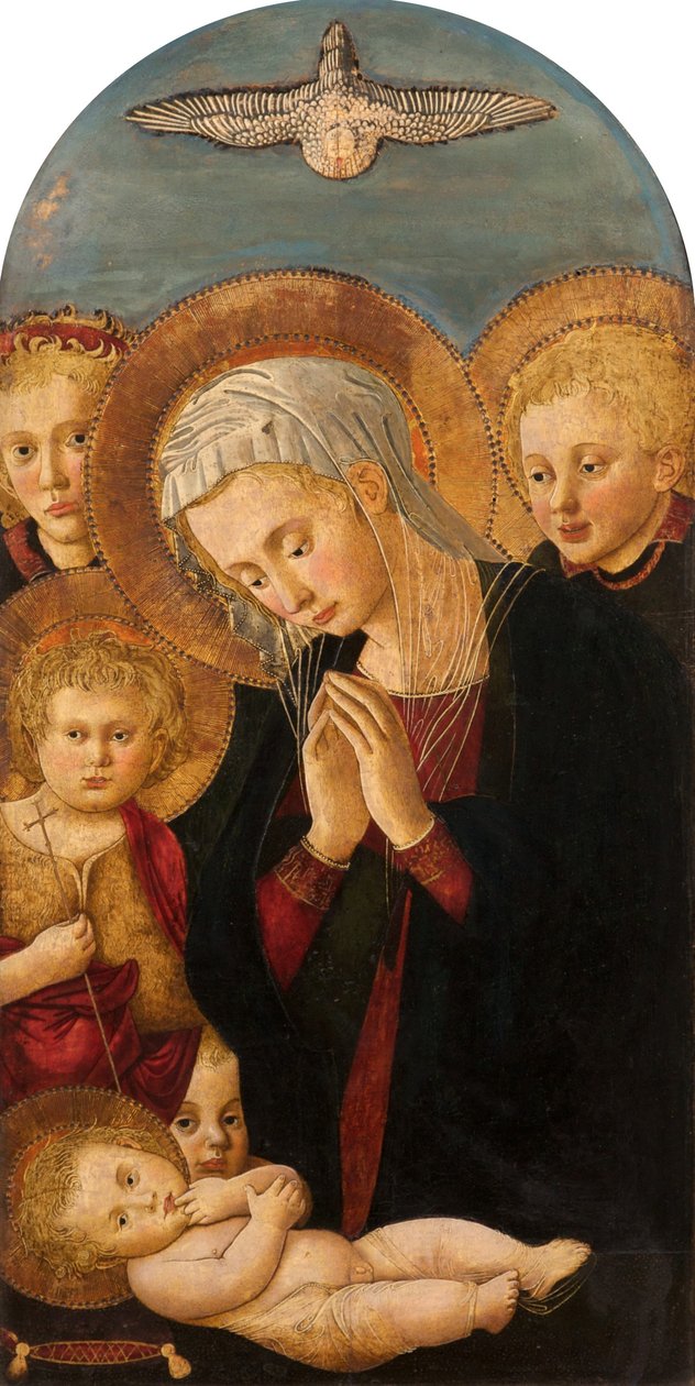 Madonna palvomassa Kristuslapsia, Pyhän Johannes Kastajan ja Enkeleiden kanssa, n. 1480-1500 tekijältä Pier Francesco Fiorentino