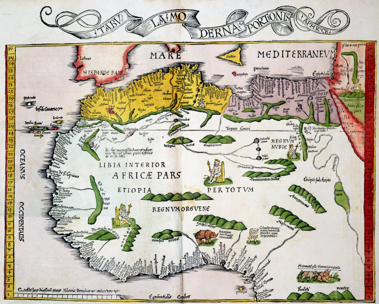 Pohjois-Afrikan ja Länsi-Afrikan kartta, julkaistu Strasbourgissa vuonna 1522. tekijältä Ptolemy