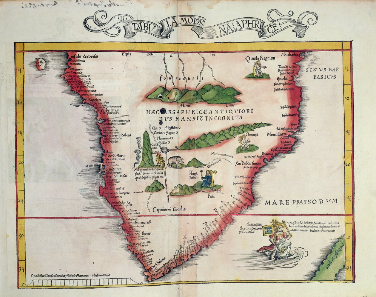 Eteläisen Afrikan kartta, julkaistu Strasbourgissa vuonna 1522 tekijältä Ptolemy